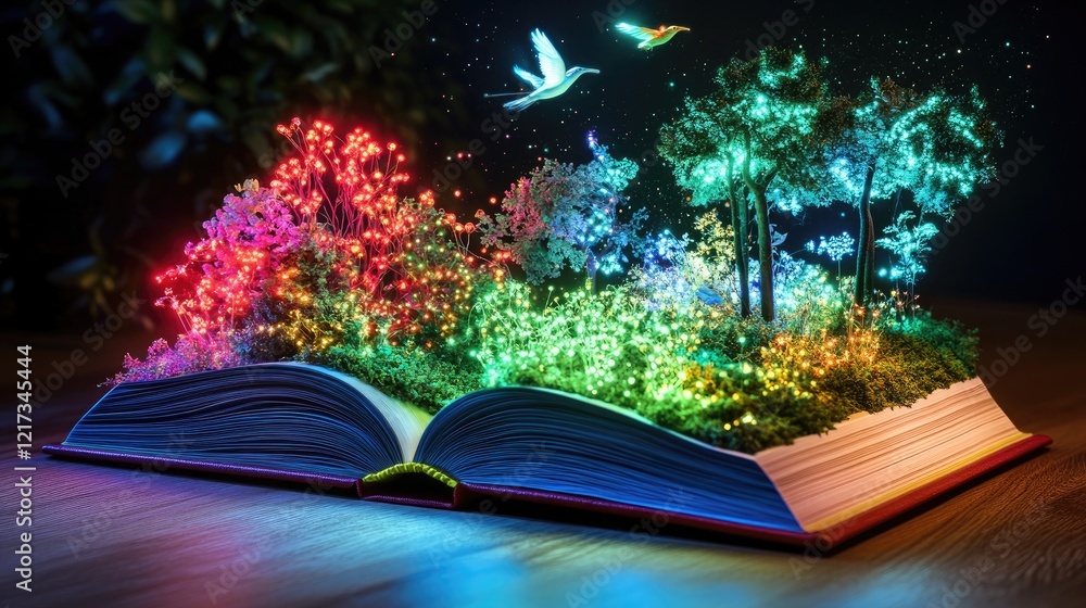 Poster a glowing book with 3d cell models, trees, and a bird in flight, floating above to demonstrate scien
