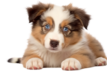 A charming Australian Shepherd puppy with a fluffy coat of merle coloring, lying gracefully on a smooth white background. Its expressive eyes are gazing curiously at the camera