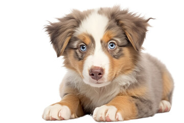Fototapeta premium A charming Australian Shepherd puppy with a fluffy coat of merle coloring, lying gracefully on a smooth white background. Its expressive eyes are gazing curiously at the camera