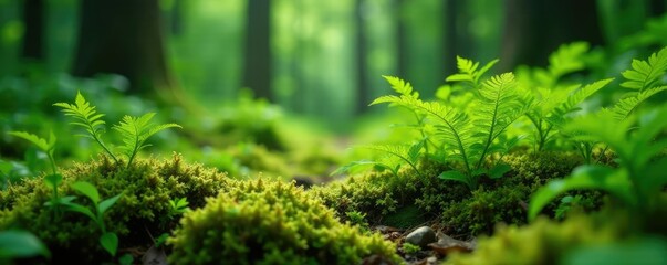 Delicate ferns and moss carpeting the forest floor, scenery, nature