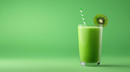 Green smoothie in a glass with whole kiwi and sliced kiwi on a wooden table background