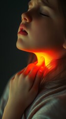 Obraz premium Close-up of a young girl touching her glowing throat, symbolizing discomfort or pain in a dark setting.