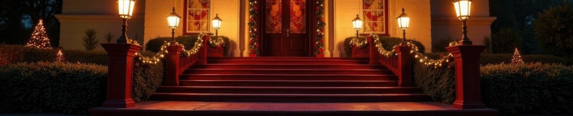Fototapeta premium Church steps covered in festive lights and garlands, lantern post, bells, ornaments