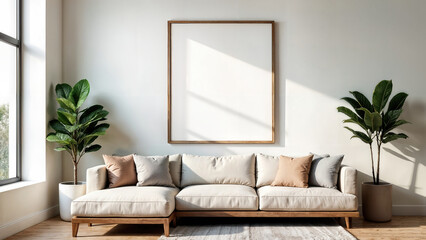 A Modern Minimalist Living Room featuring a comfortable Sofa and stylish Plants for decoration