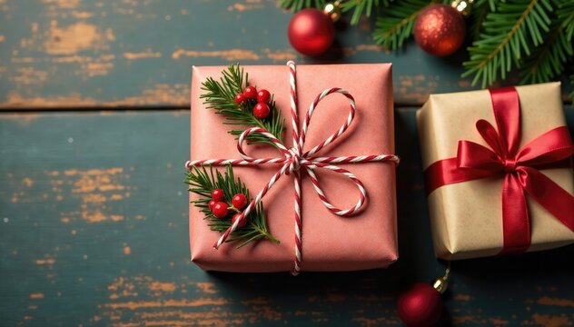 Christmas gift wrapped in paper and tied with twine, presents, packaging