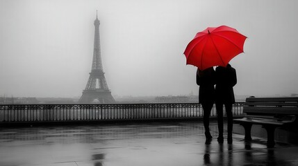 black and white silhouette of couple with red umbrella in paris rain