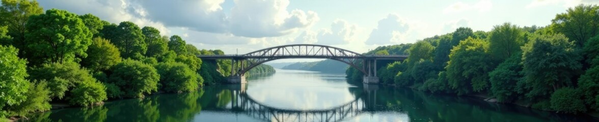 Naklejka premium Bridge spanning over the river with lush greenery on either side, horizon, bridge