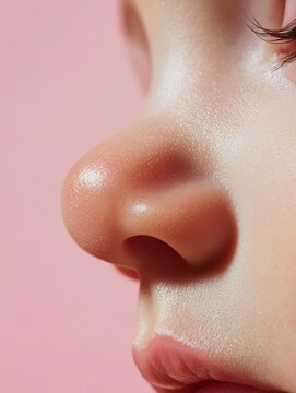 Detailed close-up of a woman's nose and lips against a soft pink background, highlighting skin texture and natural beauty.