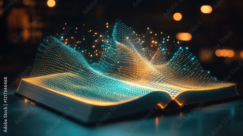 Poster a glowing mathematics book with floating grid lines, angles, and sine waves, representing trigonomet