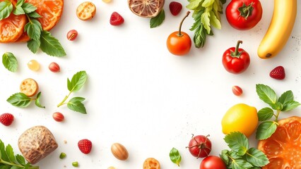 Vibrant Frame of Fresh Fruits and Herbs on White Background