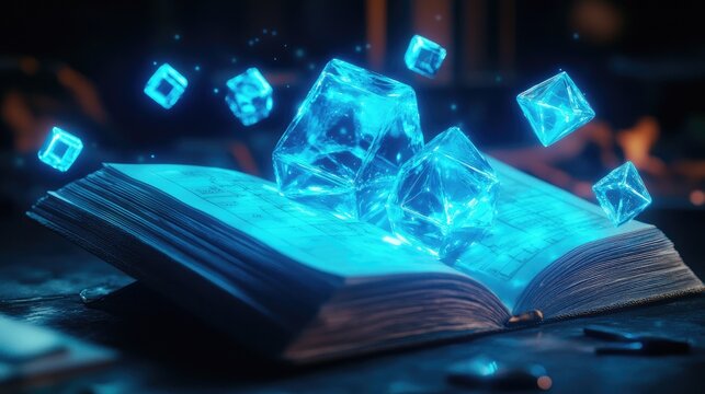 A glowing math book with floating polyhedra, matrices, and arithmetic signs, representing mathematical exploration