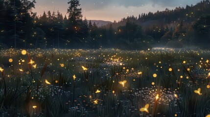 Naklejka premium A wide-angle view of a summer meadow illuminated by the glowing lights of fireflies in the evening.