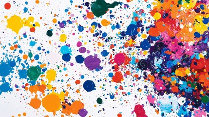 A vibrant explosion of color featuring splattered paint dots in assorted hues, creating an energetic and playful abstract artwork.