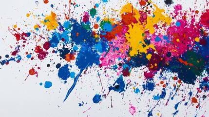 Vibrant splash of colors featuring blue, pink, yellow, and orange paint splatters on a white canvas.