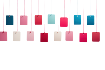 A creative composition of red, blue, pink, and green tags, each dangling from a white surface by their strings. The tags are positioned at various angles, casting soft shadows on the white background.