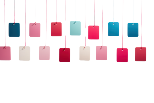 A creative composition of red, blue, pink, and green tags, each dangling from a white surface by their strings. The tags are positioned at various angles, casting soft shadows on the white background.