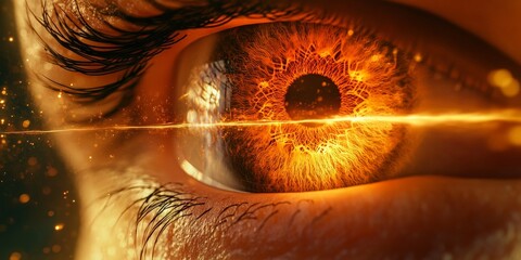 A close-up of a human eye emitting a laser beam, symbolizing focus, precision, and advanced technology. Ideal for science fiction, medical visuals, and tech-inspired designs.