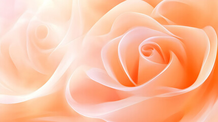 Peach rose petals gently unfurl, illuminated by warm morning sunlight in a tranquil garden