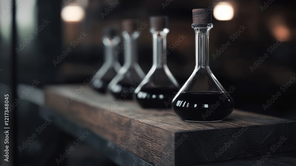 Poster row of four glass bottles on a wooden shelf. the bottles are of different sizes and shapes, with the