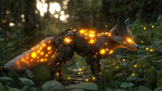 Robotic fox in jungle sunset; glowing parts. Use Sci-fi fantasy illustration