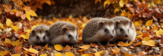 Obraz premium Group of small hedgehogs peeking out from under a pile of golden yellow and orange autumn leaves, snuggle, playful