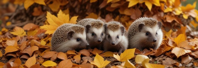 Obraz premium Group of small hedgehogs peeking out from under a pile of golden yellow and orange autumn leaves, cozy, peek