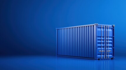 Blue shipping container with door on a logistics transport site for freight and cargo handling