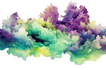 Fototapeta premium A dynamic composition of whimsical clouds in shades of purple, turquoise, and lime green, forming interesting shapes against a clear sky. The colors blend harmoniously