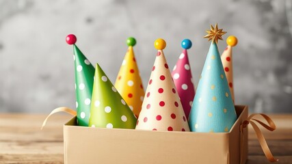 Obraz premium Group of party hats in a decorative gift box, gift box, party hats
