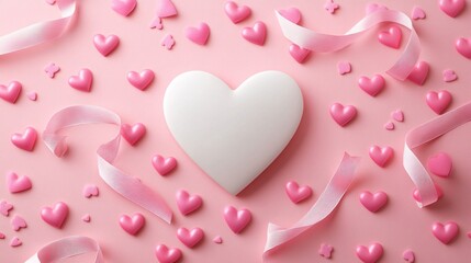 A beautiful white heart surrounded by pink decorations and ribbons, creating a romantic atmosphere.