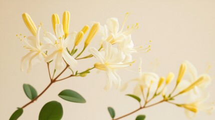 Delicate white and yellow honeysuckle blooms against a soft beige background.