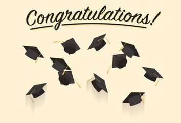 Congratulations graduation celebration illustration with graduation caps being tossed in the air with black type stock illustration