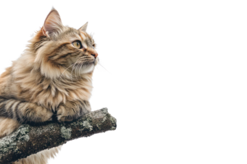 A fluffy cat perched on a tree branch, staring off into the distance with a peaceful expression
