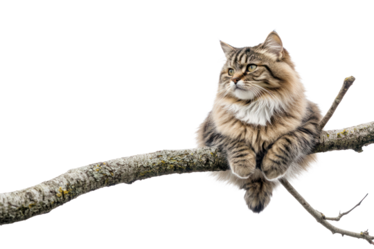 A fluffy cat perched on a tree branch, staring off into the distance with a peaceful expression