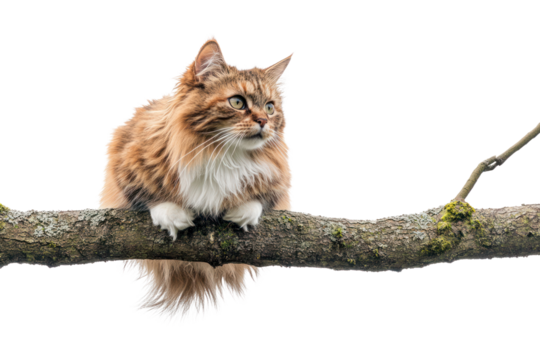 A fluffy cat perched on a tree branch, staring off into the distance with a peaceful expression