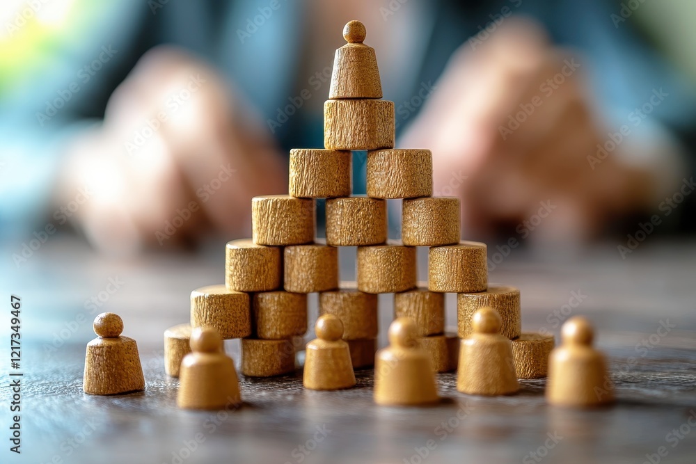 Poster wooden blocks pyramid: a pyramid structure built from numerous small wooden blocks, symbolizing hier
