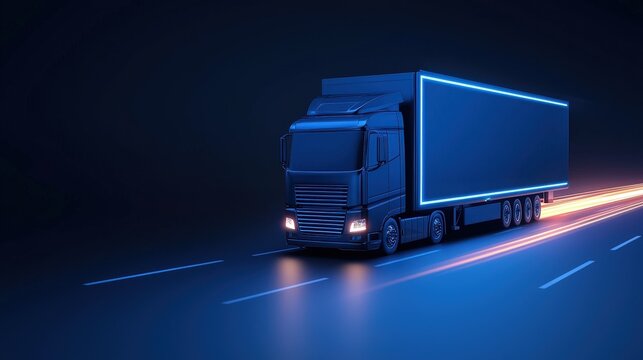 Semi truck driving on a highway with logistics predictive analytics concept in the background