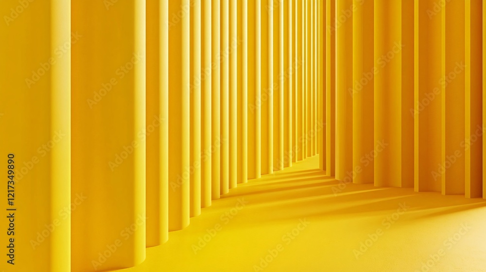 Poster a vibrant scene featuring yellow cylindrical columns casting soft shadows, creating a warm and invit