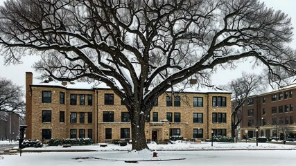 Snow blankets historic campus building under a grand tree on a winter day