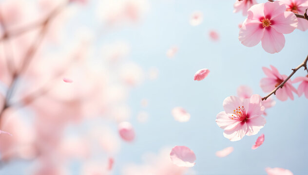 Close-up view of pink cherry blossom in Spring with blurred bokeh background space for text. Spring seasonal concept.