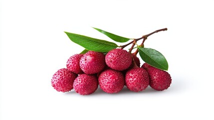 Fresh bunch of rass with green leaves and lychee fruit on a plain white background