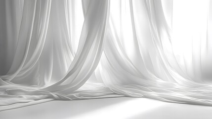 An elegant transparent white fabric drape a curtain with soft flowing folds creating a calm and beautiful background perfect for product shots fashion photography.