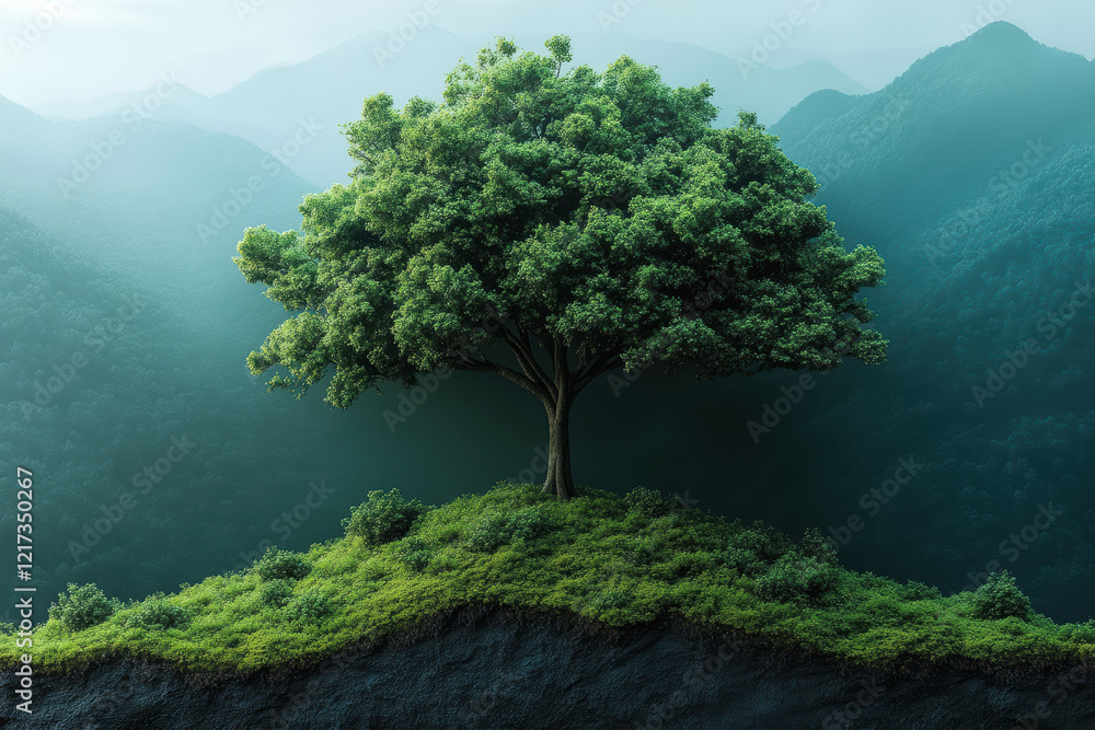 Poster lone tree stands majestically on a hill surrounded by misty mountains in a tranquil setting