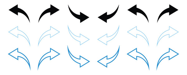 Left and right arrows icon, curved arrows in left and right direction icons vector set isolated on white background.