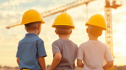 Future Engineers: Three young boys, wearing bright yellow hard hats, gaze towards a large construction crane silhouetted against a vibrant sunset.