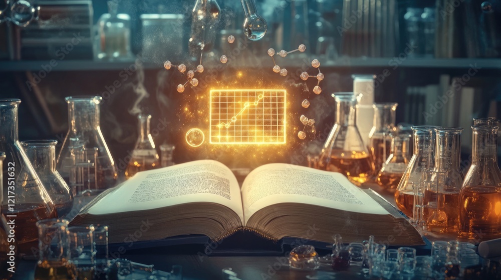 Poster an open book with a glowing periodic table hovering above, surrounded by laboratory beakers and mole