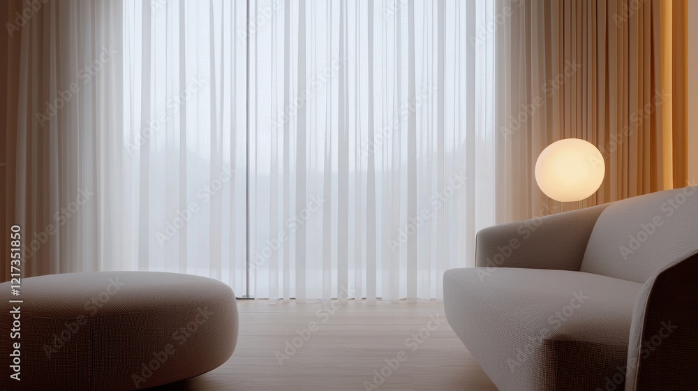 Poster modern living room with a large window covered in sheer white curtains. the curtains are arranged in