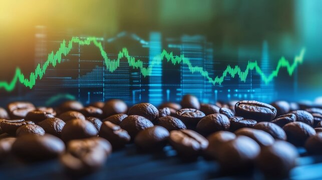 A digital chart showing the economic value of coffee farming, representing coffee farm agriculture value, sleek business style, blue and green accents, generous copy space - Powered by Adobe