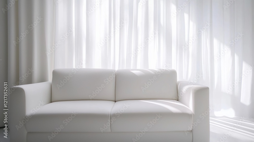 Poster White sofa in front of a large window with sheer white curtains. the sofa is in the center of the image and is facing towards the right side of the frame.