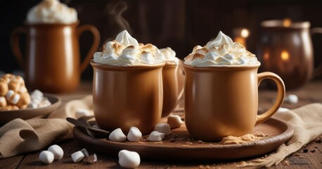 Fototapeta premium Golden brown hot chocolate topped with marshmallows and whipped cream in a rustic ceramic mug, natural, fireplace, hot chocolate